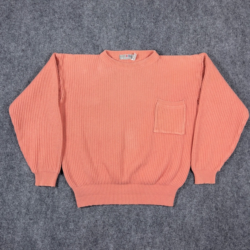 Vintage French Navy Sweater Mens Medium Salmon Pink Ribbed Knit Cotton Pocket